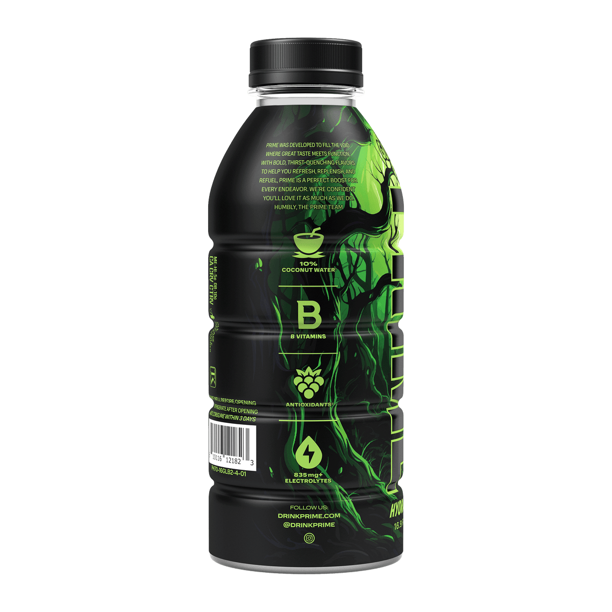 Back view of a PRIME Glowberry hydration drink bottle, featuring a black and green glow-in-the-dark design. The label highlights key ingredients and benefits: 10% coconut water, B vitamins, antioxidants, and 835mg of electrolytes. The text on the label describes PRIME as a drink designed to refresh, replenish, and refuel with bold, thirst-quenching flavors. The bottle also includes the website &#39;drinkprime.com&#39; and social media handle &#39;@drinkprime&#39;.